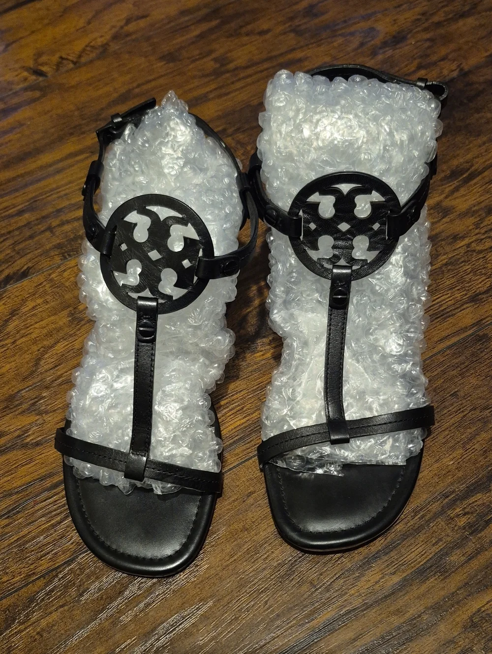 Tory Burch Black Logo T-Strap Leather Sandals